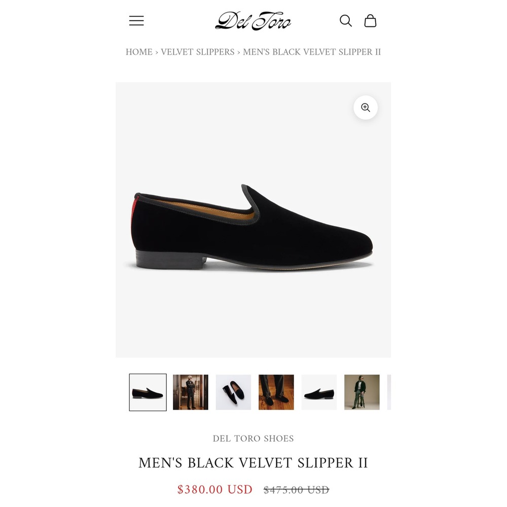 Del Toro Black Velvet Calf Leather Handmade‎ Italy Smoke Slipper Dress Shoe Sz 6